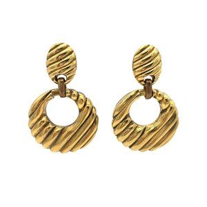 Vintage 80s Gold Ribbed Puffy Large Statement Door Knocker Clip On Earrings